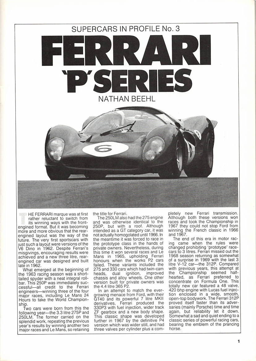 Ferrari "P" Series, The Rear Engined V-12 Sports Cars 1963-69 (N Beehl)