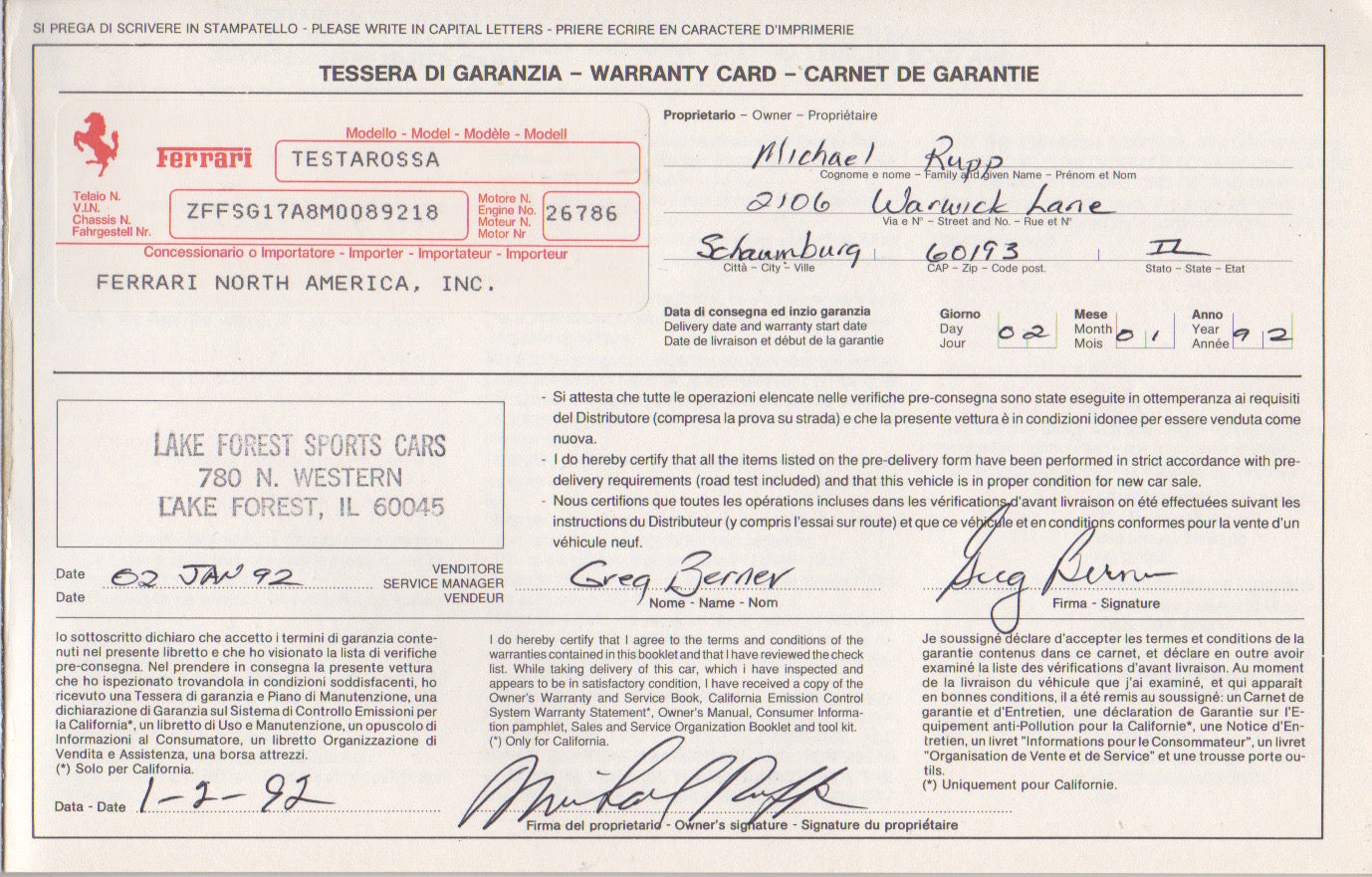 Ferrari Testarossa Warranty and Service Book 1991 Models U.S.