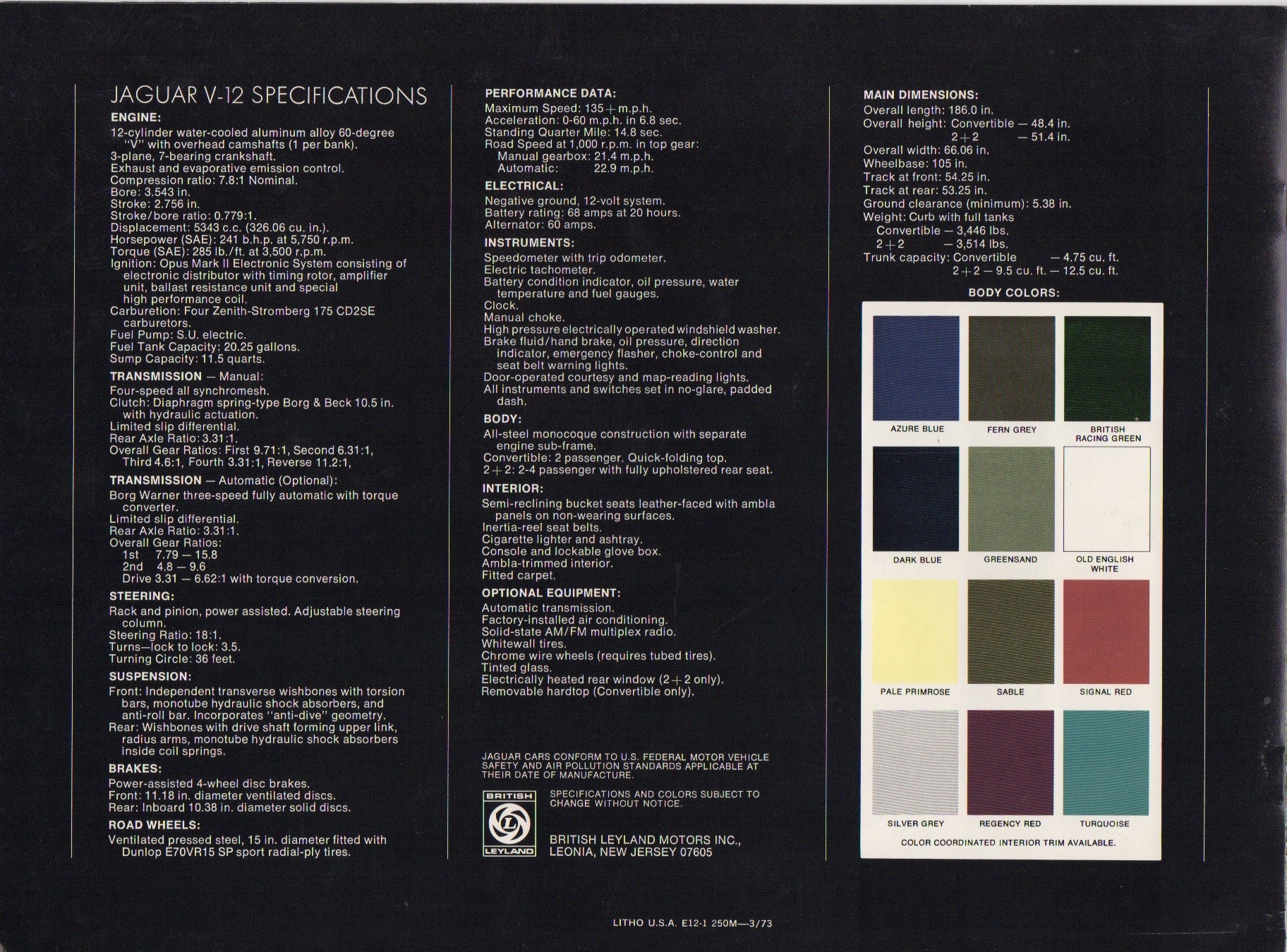 Jaguar V-12 E-Type Brochure 1973